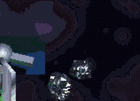 The player breaking an asteroid