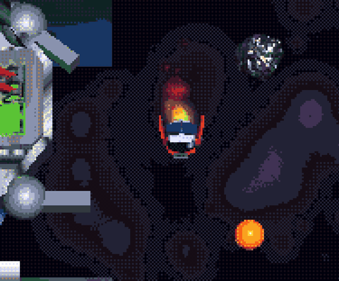 The player grabbing fuel from an asteroid