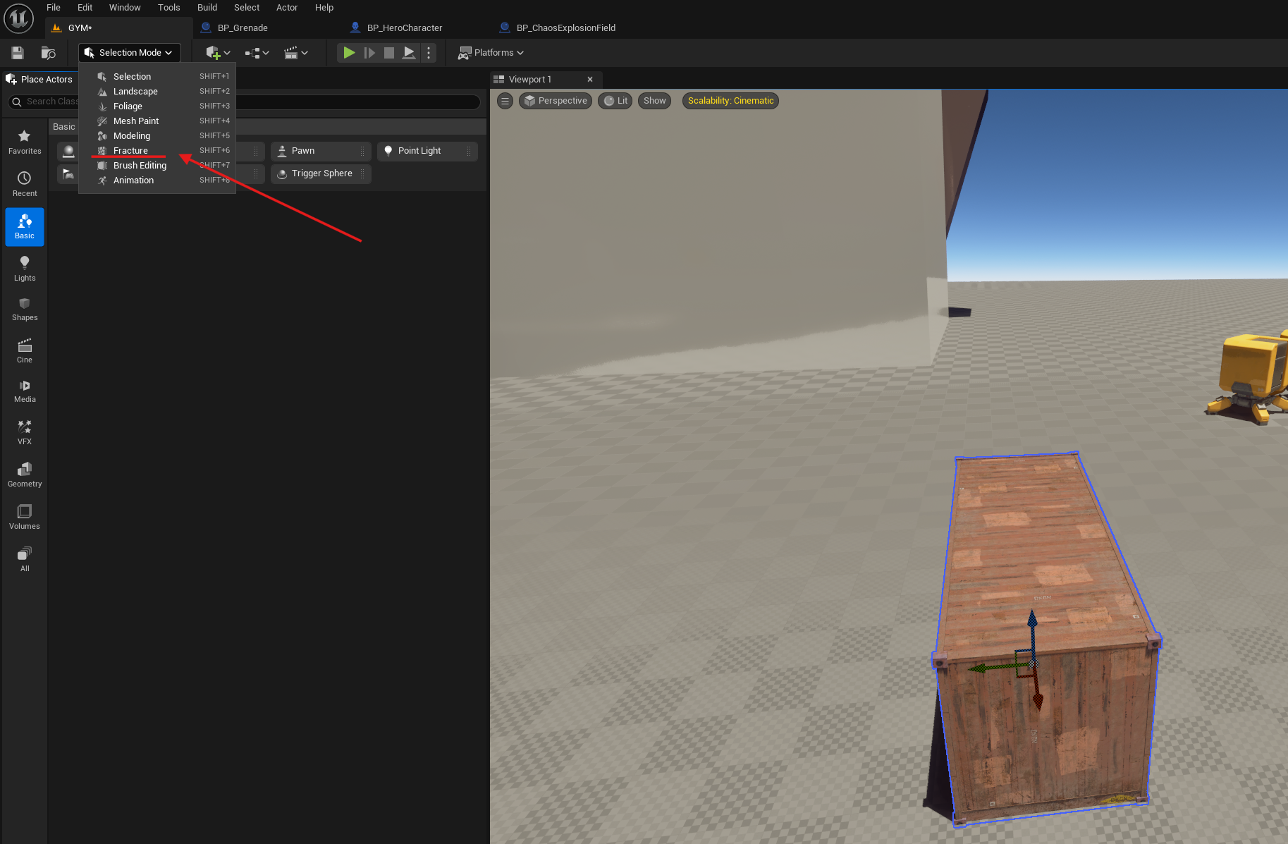 A pointer to the selection menu in unreal engine